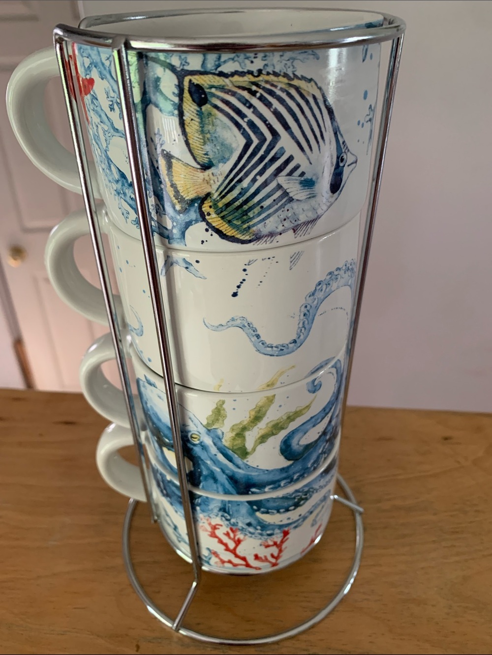 🐠 Vintage PIER 1 Stackable Ocean Mugs - Seahorse & Octopus 🐙 Set